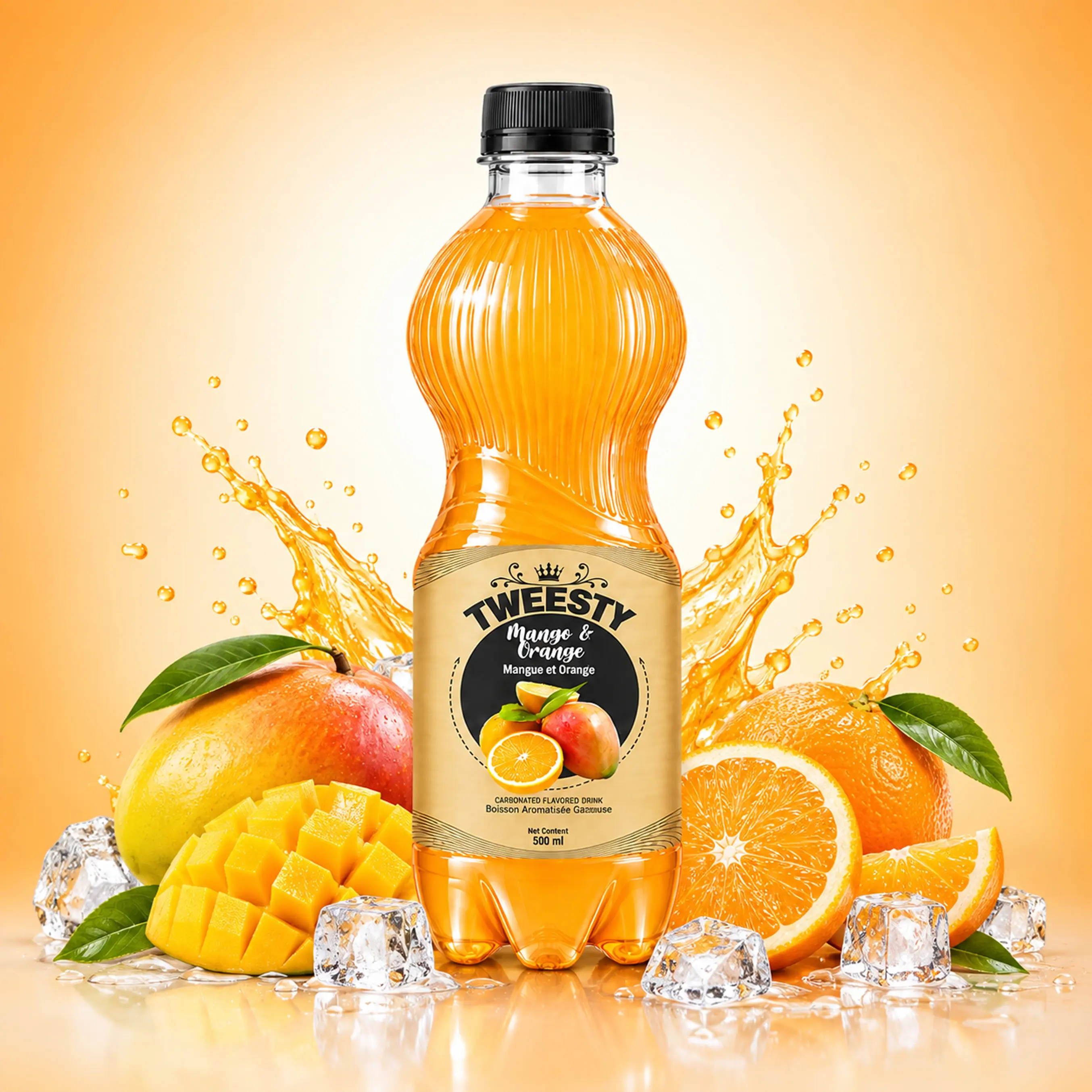 TWEESTY Mango and Orange carbonated flavoured drink 500ml PET bottle with mango, orange, ice and splash